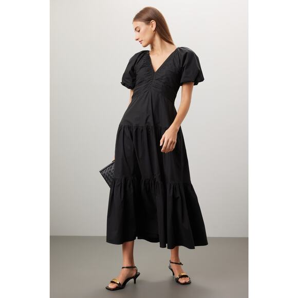 Club‎ Monaco Tiered Dress Black V-Neck Smocked Puff Sleeve Midi Sz 2 - Picture 1 of 12